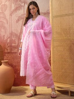 Four Steps - Pink Pure Cotton Schiffly Kurta with Pant and Dupatta