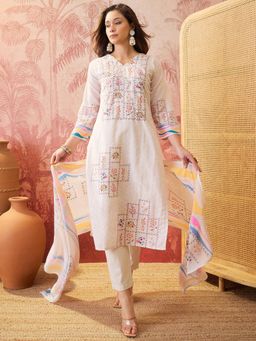 Four Steps - Off White Schiffli Embroidered Kurta with Pant and Dupatta