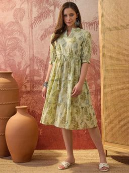 Four Steps - Pista Green Pure Cotton Printed Ethnic Dress
