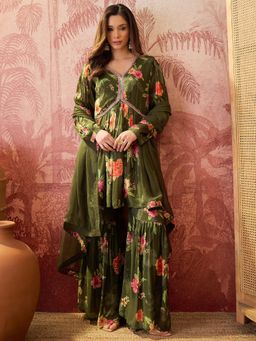 Four Steps - Green Digital Printed Kurti with Sharara and Dupatta