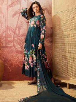 Four Steps - Teal Digital Printed Anarkali Kurta with Pant and Dupatta