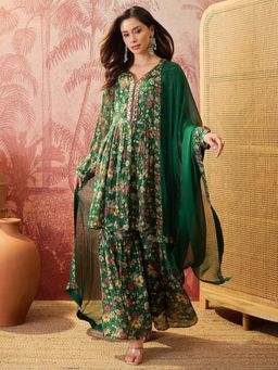 Four Steps - Green Digital Printed Kurti with Sharara and Dupatta