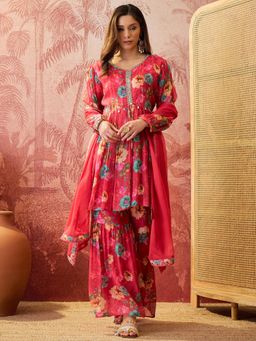 Four Steps - Pink Digital Printed Kurti with Sharara and Dupatta