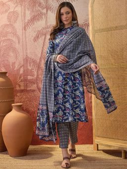 Four Steps - Navy Blue Pure Cotton Printed Kurta with Pant and Dupatta