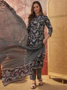 Four Steps - Black Pure Cotton Printed Kurta with Pant and Dupatta