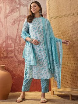 Four Steps - Blue Pure Cotton Printed Kurta with Pant and Dupatta