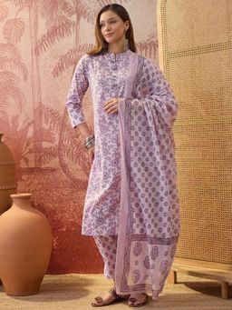 Four Steps - Light Purple Pure Cotton Printed Kurta with Pant and Dupatta