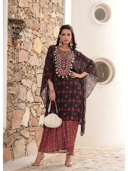 Bhavyata - Black Patola Printed Embroidered Kaftan Draped with Skirt