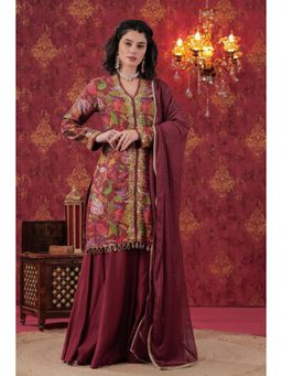Bhavyata - Maroon Floral Printed Hand Embroidered Sharara with Kurta and Dupatta