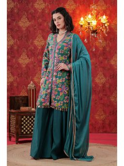 Bhavyata - Green Floral Printed Hand Embroidered Sharara with Kurta and Dupatta