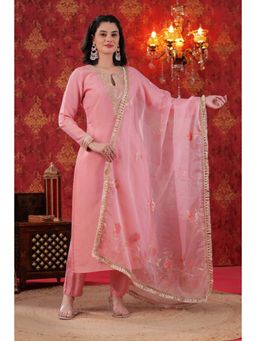 Bhavyata - Pink Hand Painted Straight Kurta with Pant and Dupatta