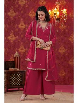 Bhavyata - Cherry Red Hand Embroidered Leheriya Kurta with Palazzo and Dupatta
