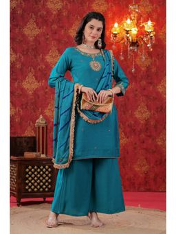 Bhavyata - Teal Blue Hand Embroidered Palazzo with Kurta and Dupatta
