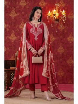 Bhavyata - Red Zari Embroidered Anarkali with Pant and Dupatta