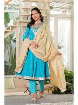 Bhavyata - Turquoise Mirror Work Anarkali with Pant and Dupatta