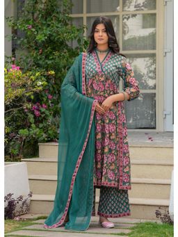 Bhavyata - Green Hand Block Printed A-Line Kurta with Palazzo and Dupatta