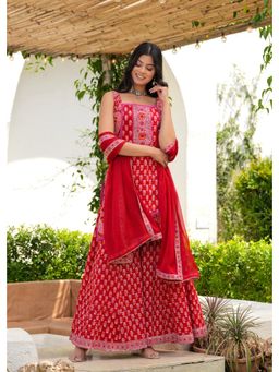 Bhavyata - Red Cotton Hand Block Printed Kurta with Palazzo and Dupatta