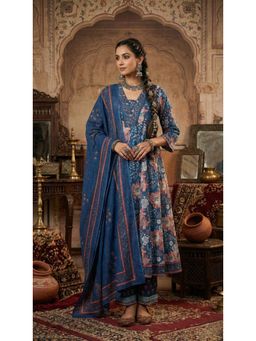 Bhavyata - Blue Pure Cotton Floral Block Printed Anarkali Kurta with Pant and Dupatta
