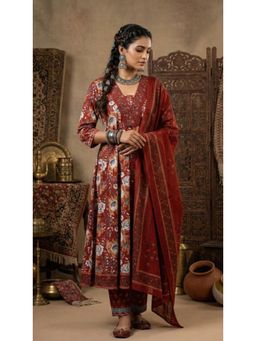 Bhavyata - Maroon Pure Cotton Floral Block Printed Anarkali Kurta with Pant and Dupatta