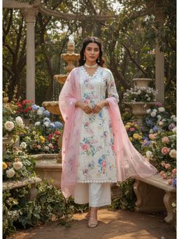 Bhavyata - White Cotton Schiffli Printed Kurta with Palazzo and Dupatta
