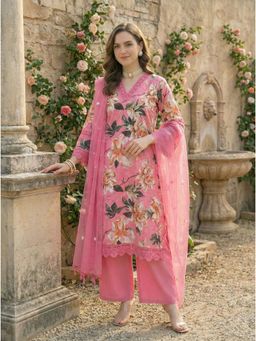 Bhavyata - Pink Cotton Schiffli Printed Kurta with Palazzo and Dupatta