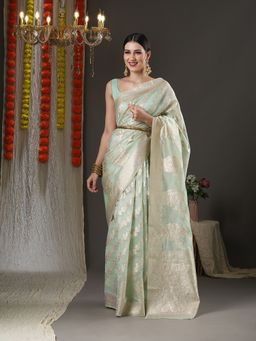 Akhilam - Womens Organza Sea Green Woven Design Designer Saree with Unstitched Blouse