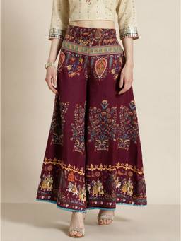 Juniper - Maroon Women's Cotton Printed Flared Palazzo