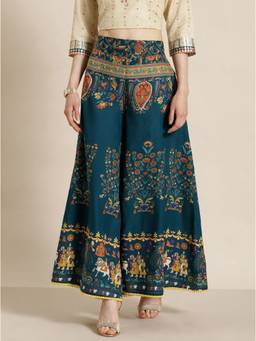 Juniper - Teal Women's Cotton Printed Flared Palazzo