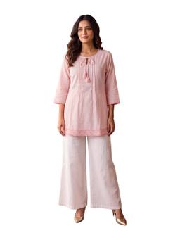 Rangita - Women Light Pink Cotton Embroidered A-Line Short Kurti
