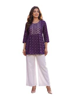 Rangita - Women Purple Rayon Embroidered A-Line Short Kurti