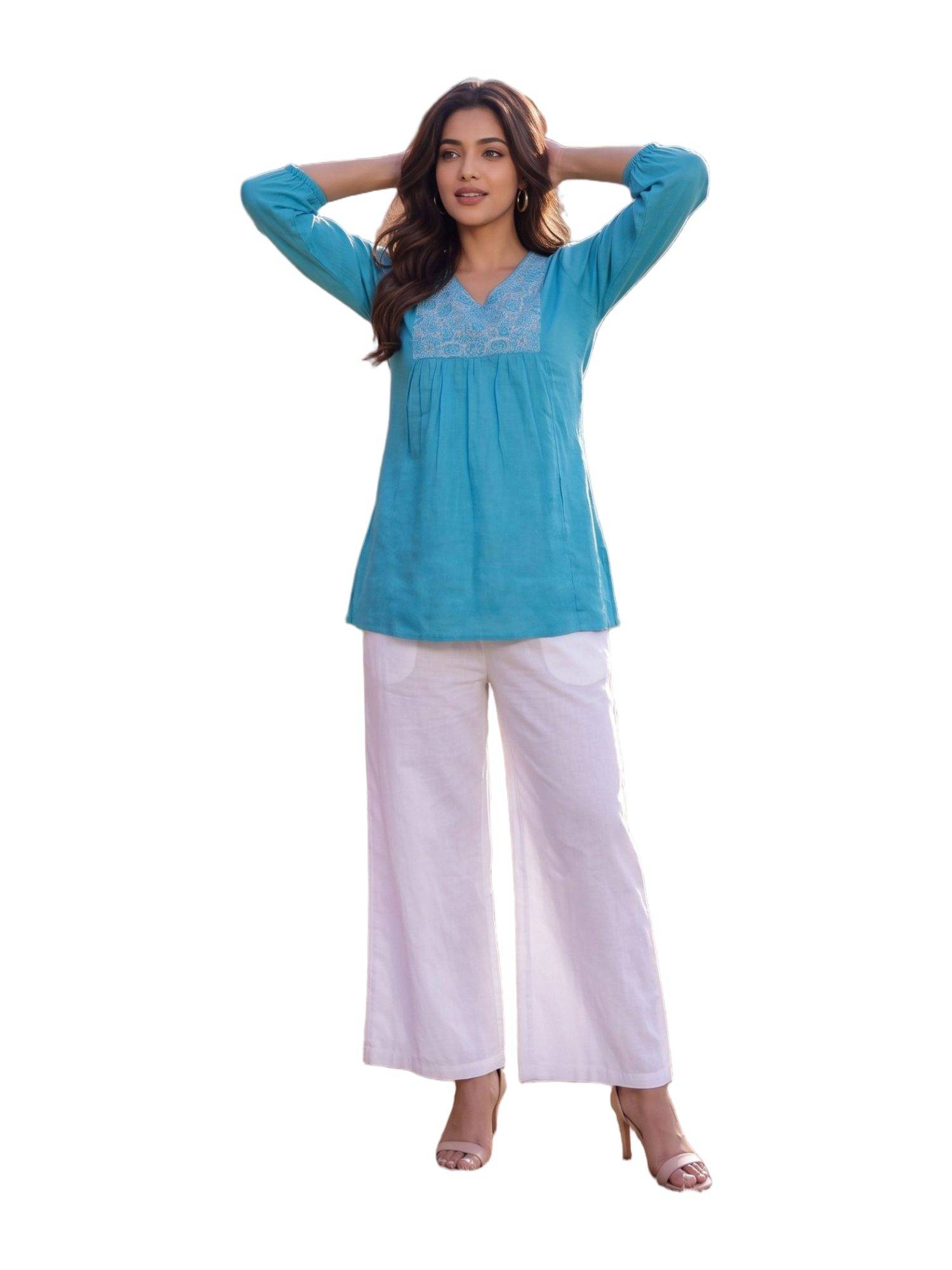 rangita Women Blue Cotton Embroidered A-Line Short Kurti-picture-13
