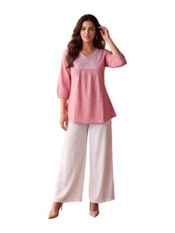 Rangita - Women Pink Cotton Embroidered A-Line Short Kurti
