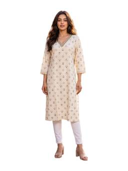 Rangita - Women Off White Rayon Embroidered Straight Kurta