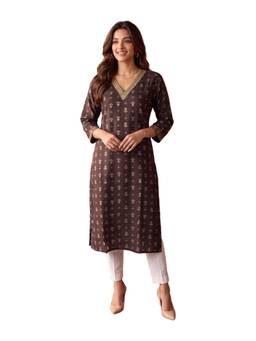 Rangita - Women Brown Rayon Embroidered Straight Kurta
