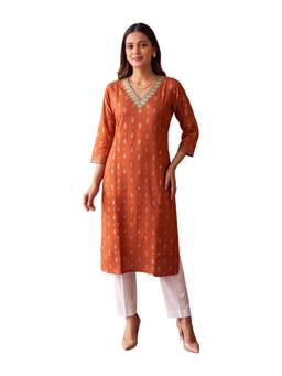 Rangita - Women Rust Rayon Embroidered Straight Kurta