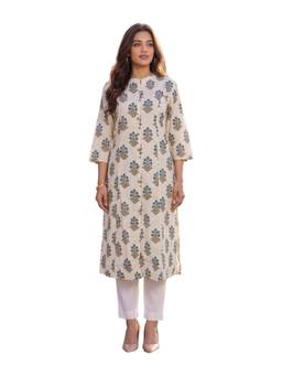 Rangita - Women Beige Cotton Printed A-Line Kurta