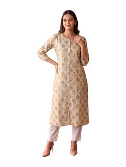 Rangita - Women Beige Poly Viscose Printed A-Line Kurta
