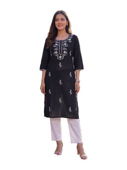 Rangita - Women Black Cotton Embroidered Straight Kurta