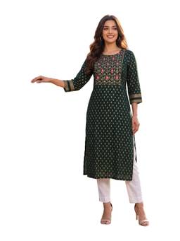 Rangita - Women Green Rayon Embroidered Straight Kurta