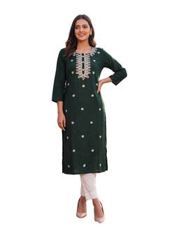 Rangita - Women Dark Green Rayon Embroidered Straight Kurta