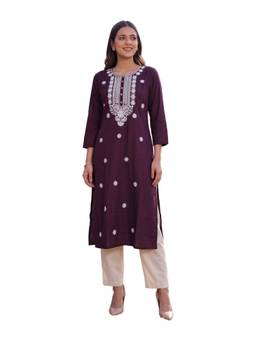 Rangita - Women Burgundy Rayon Embroidered Straight Kurta
