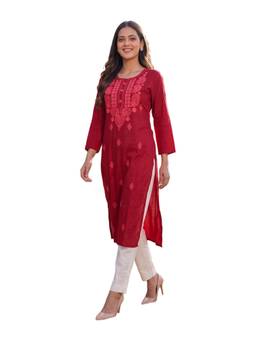 Rangita - Women Red Rayon Embroidered Straight Kurta
