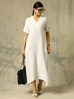 Black & Blah Blah - White Woven Design A-Line Cotton Handloom Ethnic Dress