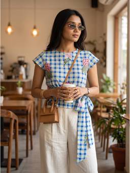 Vastara TheLabel - Blue Organic Cotton Checks Top