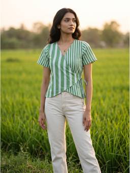 Vastara TheLabel - Green Handloom Organic Cotton Vertical Stripes Top