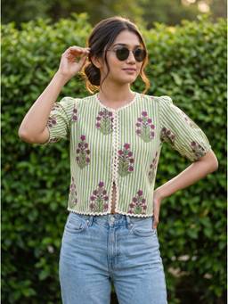 Vastara TheLabel - Olive Handloom Organic Cotton Floral Top