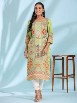 Juniper - Green Rayon Floral Printed Round Neck Straight Kurta