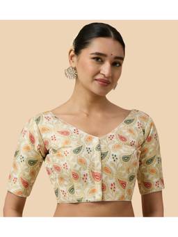 Studio Shringaar - Cream Women's Cotton Silk Blended Handloom Readymade Saree Blouse
