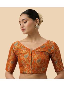 Studio Shringaar - Orange Women's Cotton Silk Blended Handloom Readymade Saree Blouse