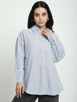 R&B - Women Blue Striped Oversized Shirt